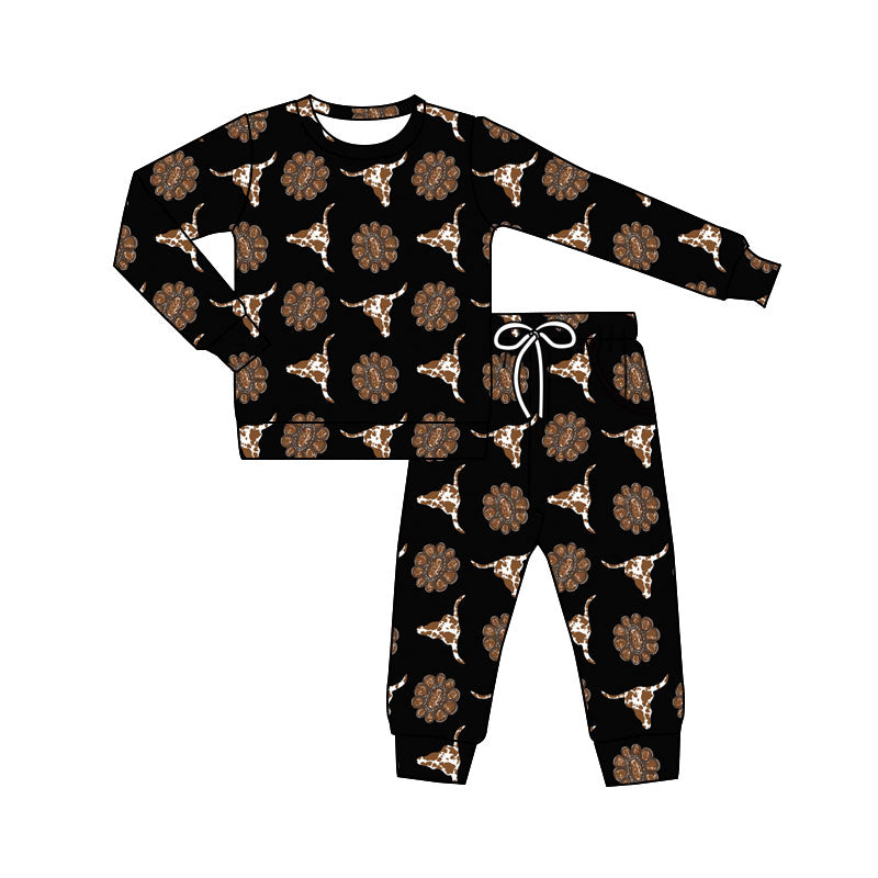 Preorder(moq 5) Baby Girls Cow Print Turquoises Bull Skulls Top Pockets Pants Western Clothes Sets