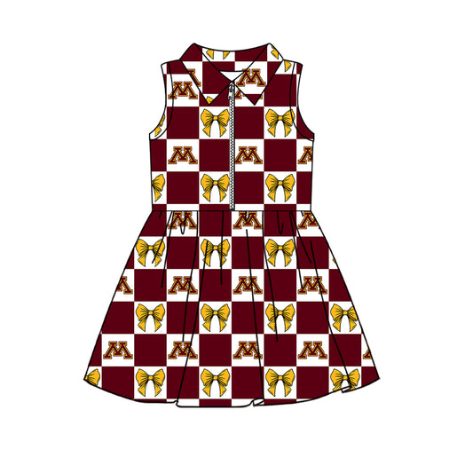 Preorder (moq 5) Baby Girls Sleeveless Bows Michigan Checked Team Zip Knee Length Dress