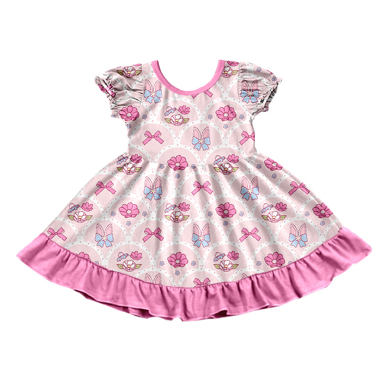 Preorder moq5 Baby Girls’ Pink Floral Short-Sleeve Round-Neck Ruffle Dress, Matching Sister Outfit