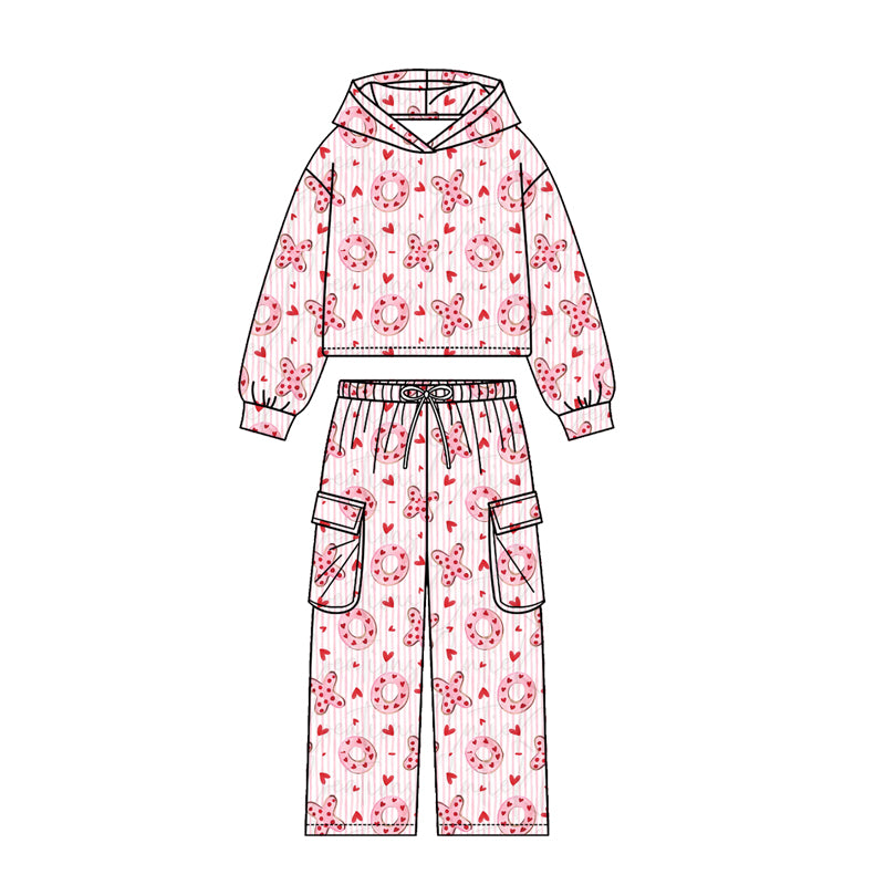 Preorder (moq5) Girls Valentine Heart Kiss Print Hoodie Pockets Joggers Team Clothes Set