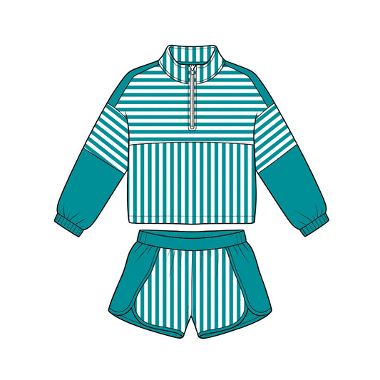 Preorder (moq 5)Baby Girls Long Sleeve Aqua Stripe Zip Pullovers Short Clothes Set