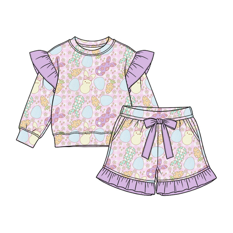 Preorder (moq 5)Baby Girls Flowers Rabbits Long Sleeve Top Pockets Ruffle Short Easter Clothes Set