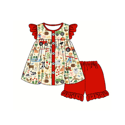 Preorder (moq 5)Baby Girls Red Flutter Sleeves Chicks Cows Button Tunic Ruffle Shorts Clothes Sets