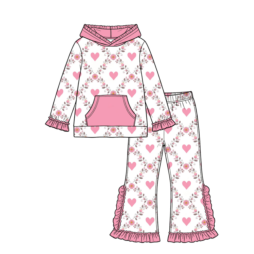 Preorder (moq 5) Baby Girl Clothes Valentine Heart Floral Print Long Sleeve Hoodie Flare Pant Set