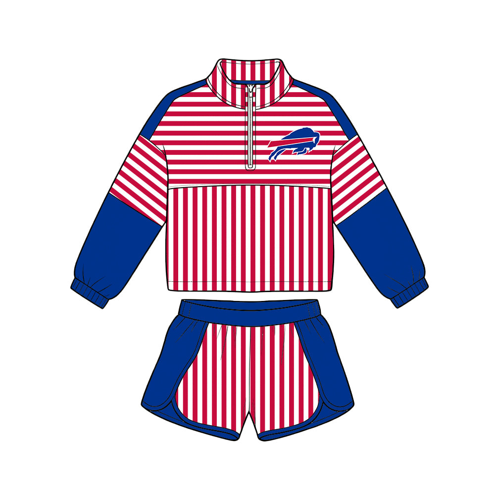 Preorder (moq 5)Baby Girls Orange Stripe Buffalo Zip Pullovers Short Team Clothes Set