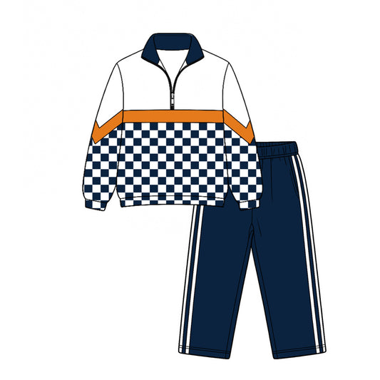 Preorder (moq 5)Baby Boys Navy Checked Zip Pullover Top Pant Team Clothes Sets