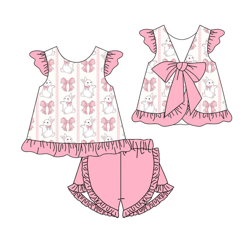 Preorder(moq 5) Baby Girls Pink Bows Rabbits Stripe Tunic Ruffle Shorts Easter Clothes Sets