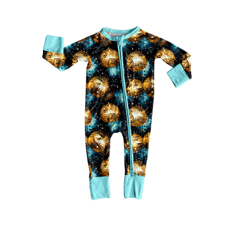 Preorder (moq 20)Baby Boys Bamboo Blue Yellow Balls Hapyy New Year Zippy Footie Rompers