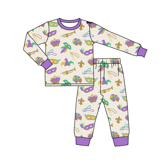 Preorder(moq 5) Baby Boys Mardigras Long Sleeve Anchors Masks Top Pants Pajamas Sets