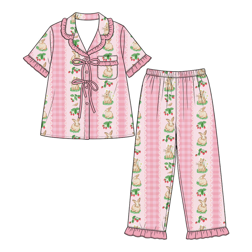 Preorder (moq 5) Baby Girl Clothes Easter Bunny Strawberry Gingham Mixed Print Short Sleeve Ruffle Pajama Set