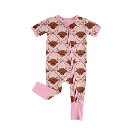 Preorder (moq 5)Baby Girls Bows Highland Cows Western Two Way Zip Convertible Rompers
