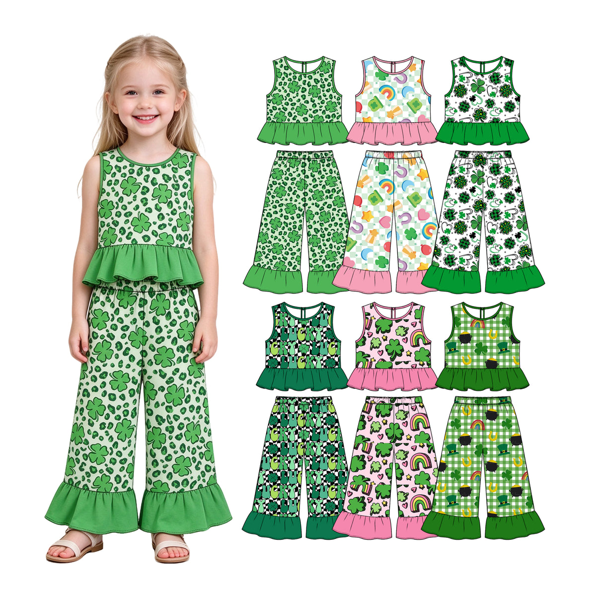 Preorder (moq 5) Baby Girl Clothes St Patrick's Day Leopard Clover Mixed Print Sleeveless Ruffle Top Flare Pant Set