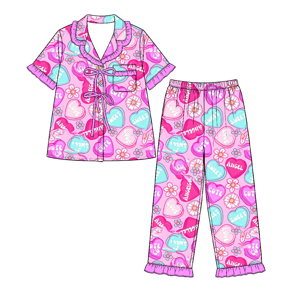 Preorder (moq 5) Baby Girl Clothes Valentines Sweet Heart Floral Text Mixed Print Short Sleeve Ruffle Pajama Set