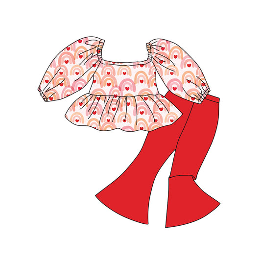 Preorder (moq 5)Baby Girls Rainbows Hearts Ruffle Tunic Bell Bottom Pants Valentines Clothes Sets