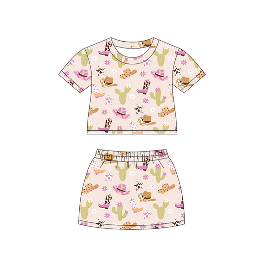 Preorder (moq 5)Baby Girls Hats Boots Cactus Top Skirt Shorts Western Clothes Set