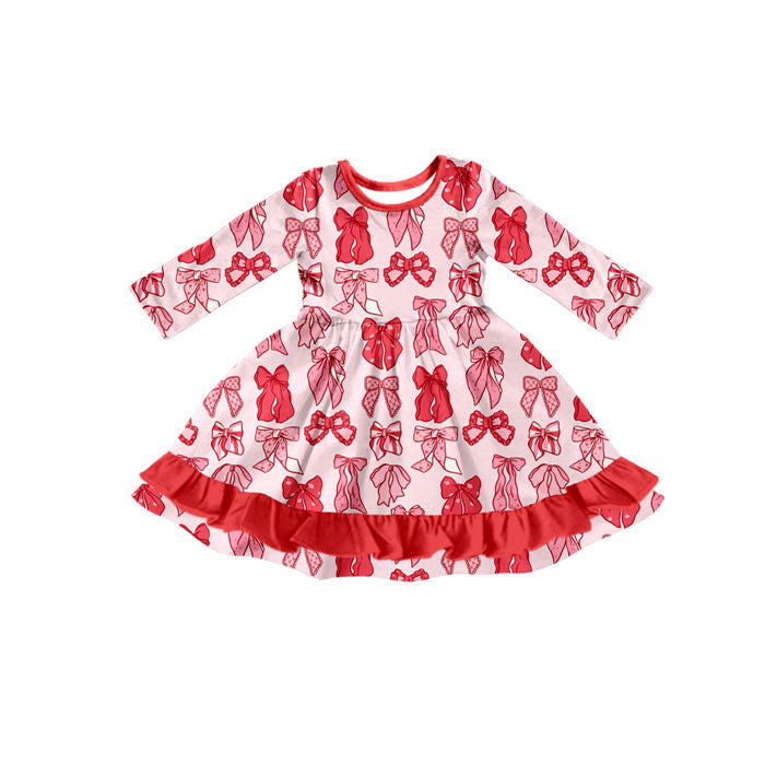 Preorder(moq 8)Baby Girls Red Hearts Bows Plaid Valentine Ruffle Knee Length Dresses