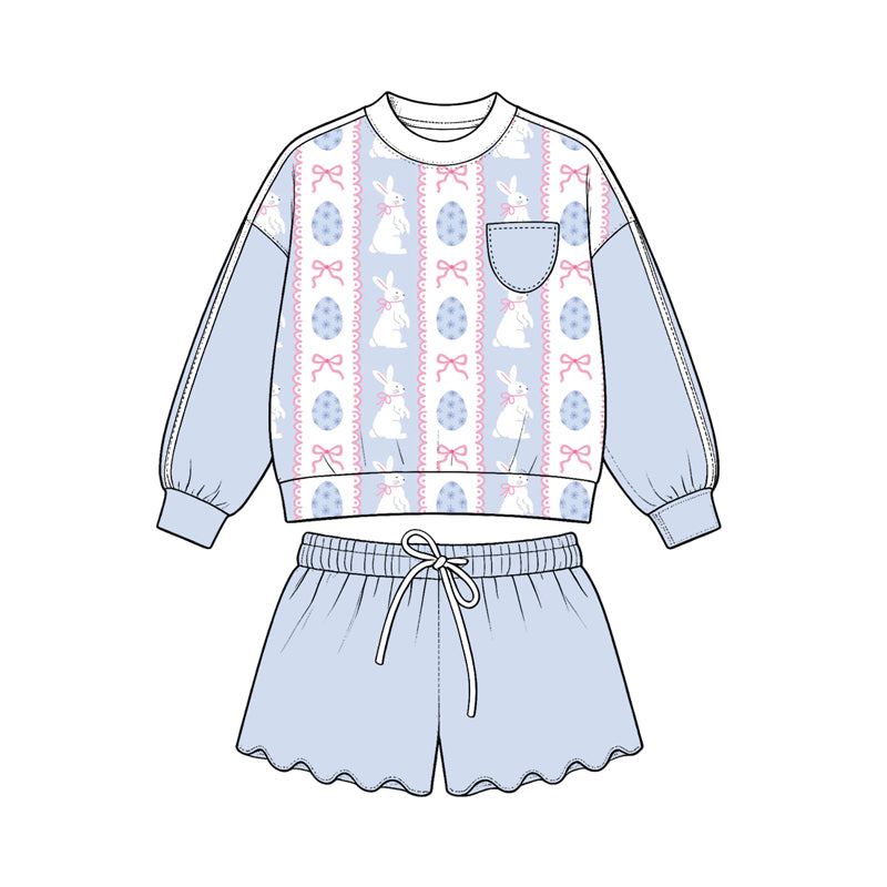 Preorder (moq 5) Girls’ All-Over Bow & Bunny Print Cropped Sweatshirt & Wavy Ruffle Shorts 2-Piece Sweet Blue Set