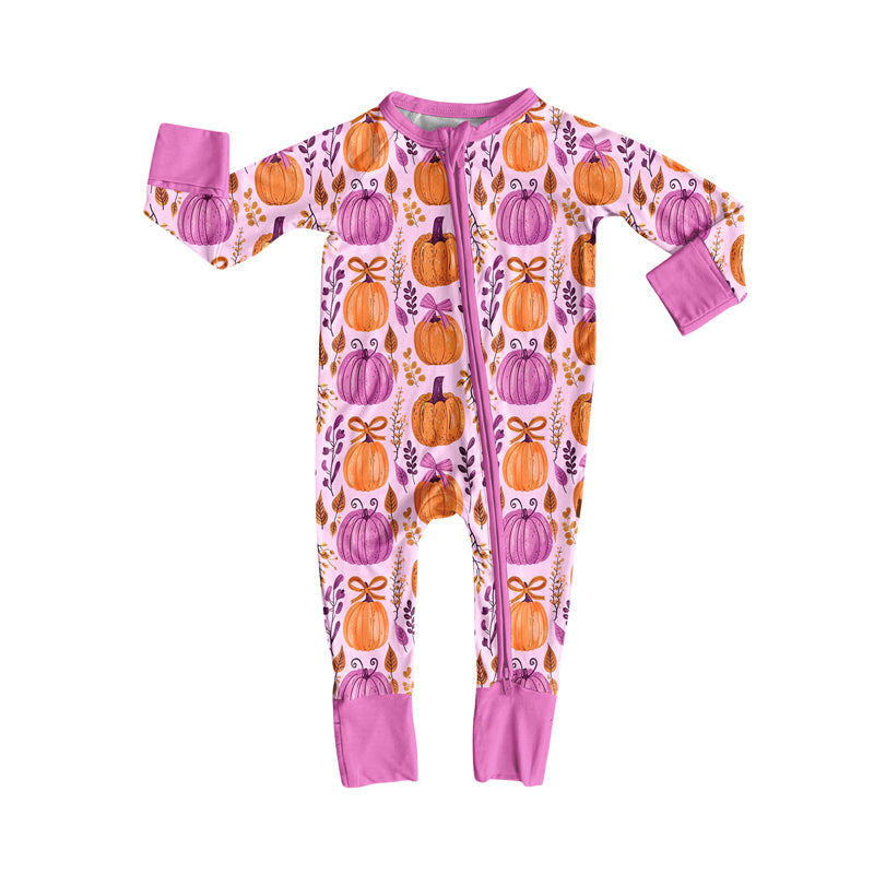Preorder (moq 5)Baby Girls Hot Pink Long Sleeves Pumpkins Floral Zipper Pant Rompers