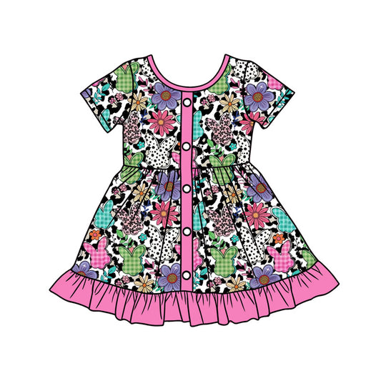 Preorder (moq 5)Baby Girls Colorful Rabbits Leopard Easter Button Ruffle Knee Length Dress