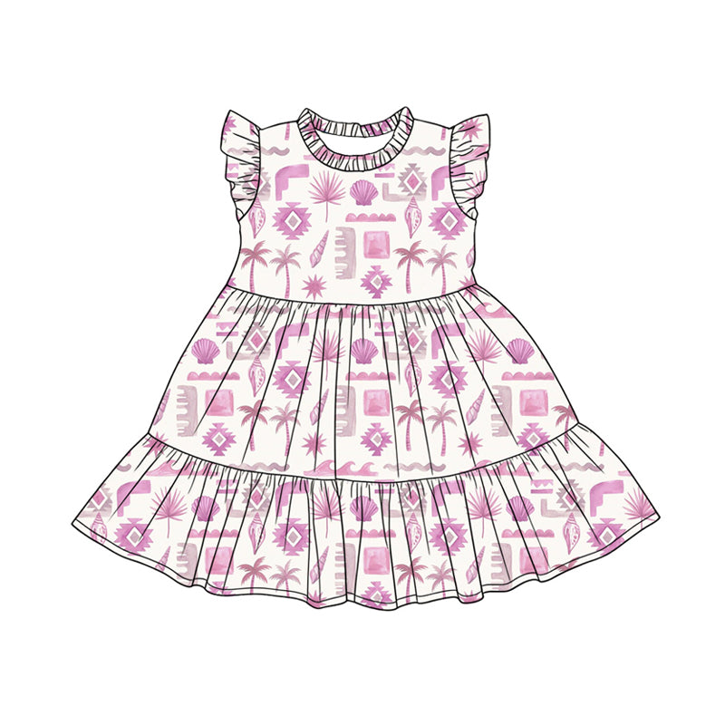 Preorder (moq 5)Baby Girls Flutter Sleeve Aztec Beach Patchwork Knee Length Dresses