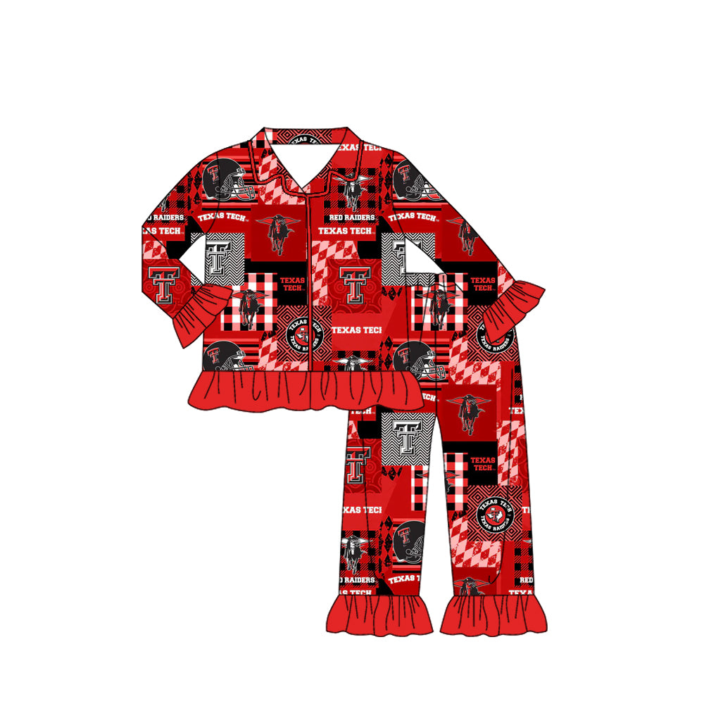 Preorder moq 5 Baby Girls Texas Tech Team Buttons Red Grey Top Pants Pajamas Clothes Sets
