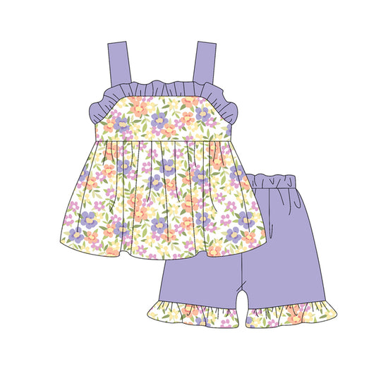 Preorder (moq 5)Baby Girls Lavender Strap Colorful Floral Tunic Ruffle Short Set Preorder