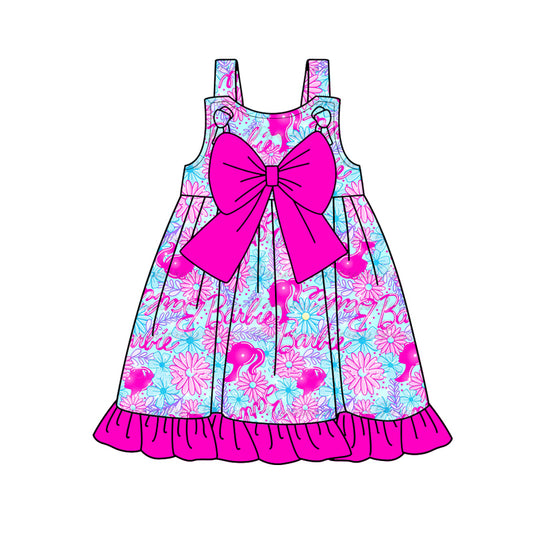 Preorder (moq 5)Baby Girls Pink Doll Bows Flowers Knee Length Dresses