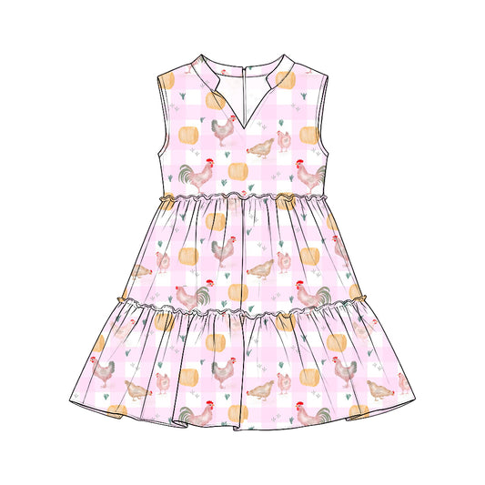 Preorder (moq 5) Girls Collared Sleeveless Tiered Dresses, Pink Plaid Farm Chicken & Pumpkin Print, Fall Harvest Thanksgiving Outfit