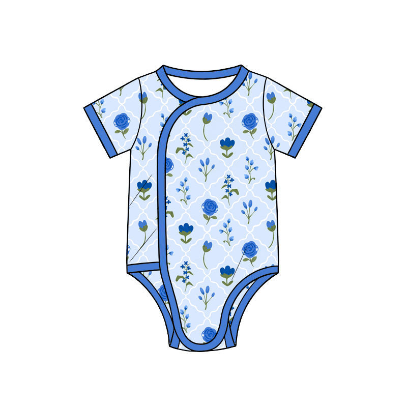 Preorder (moq 5) Baby Girl Clothes Blue Rose Geometric Mixed Print Short Sleeve Side Snap Baby Bodysuit