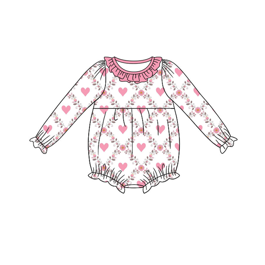 Preorder (moq 5) Baby Girl Clothes Heart Floral Print Long Sleeve Ruffle Bubble Romper