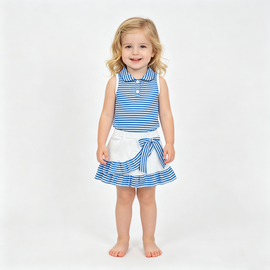 Baby Girls Blue Stripe Button Top Ruffle Skirt Shorts Yoga Active Clothes Sets