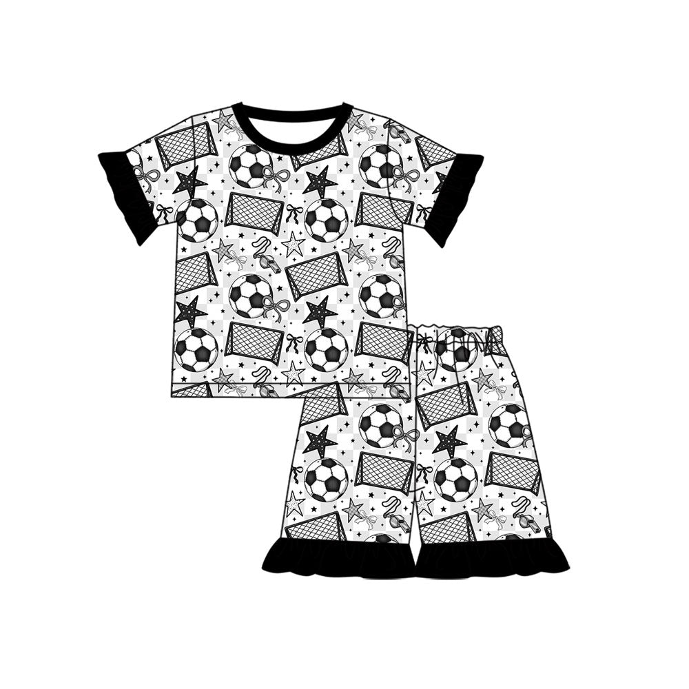 Preorder (moq 5)Baby Girls Stars Footballs Top Ruffle Short Team Pajamas Sets
