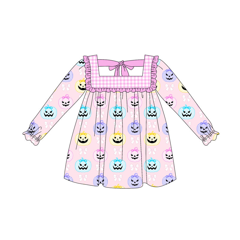 Preorder (moq 5)Baby Girls Pink Long Ruffle Sleeves Bows Pumpkins Knee Length Dresses