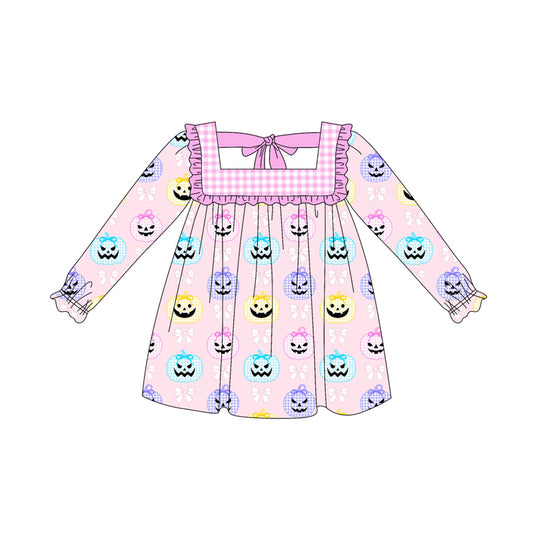 Preorder (moq 5)Baby Girls Pink Long Ruffle Sleeves Bows Pumpkins Knee Length Dresses