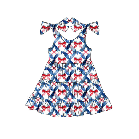 Preorder (moq 5)Baby Girls Strap Blue Red Bows 4th Of July Knee Length Dress