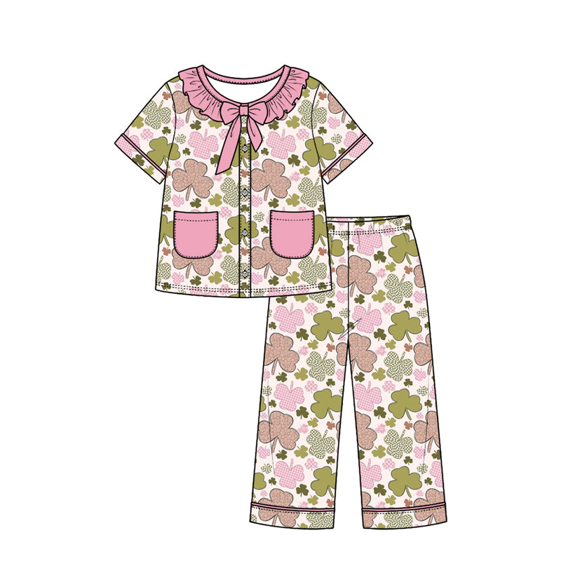 Preorder (moq 5) Baby Girl Clothes Retro Clover Checker Mixed Print Short Sleeve Ruffle Bow Long Pant Pajama Set