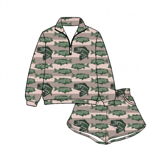 Preorder (moq 5)Baby Girls Fishes Stripe Zip Pullovers Pockets Short Hunting Set