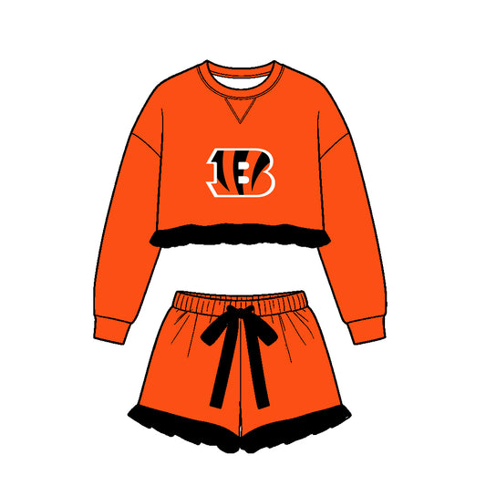 Preorder (moq 5)Baby Girls Orange Long Sleeve Bengals Top Ruffle Short Team Clothes Set