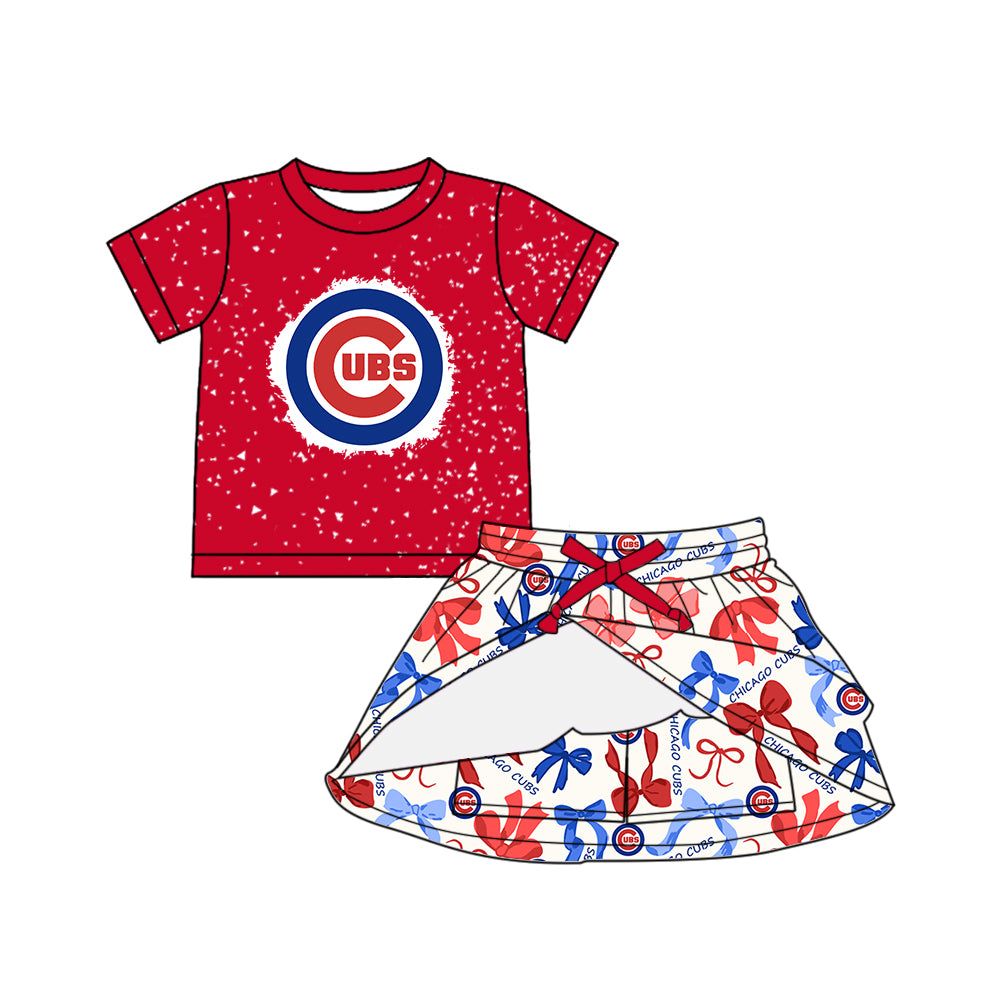 Preorder (moq 5)Baby Girls Red Short Sleeves Cubs Top Bows Plaid Skorts Team Set