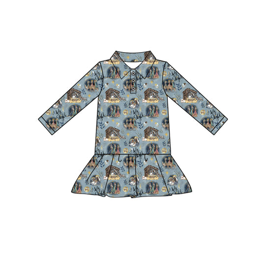 Preorder (moq 5)Baby Girls Long Sleeves Christmas Nativity Button Ruffle Knee Length Dresses