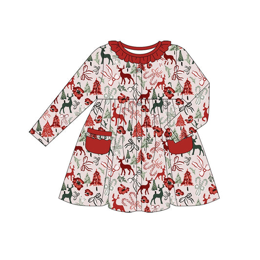 Preorder (moq 5)Baby Girls Bows Deer Christmas Pockets Knee Length Dresses