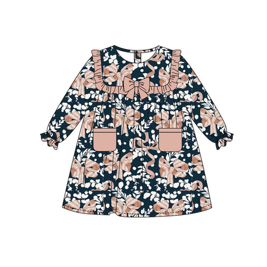 Preorder(moq 8)Baby Girls Floral Bows Pockets Ruffle Sleeve Knee Length Dresses