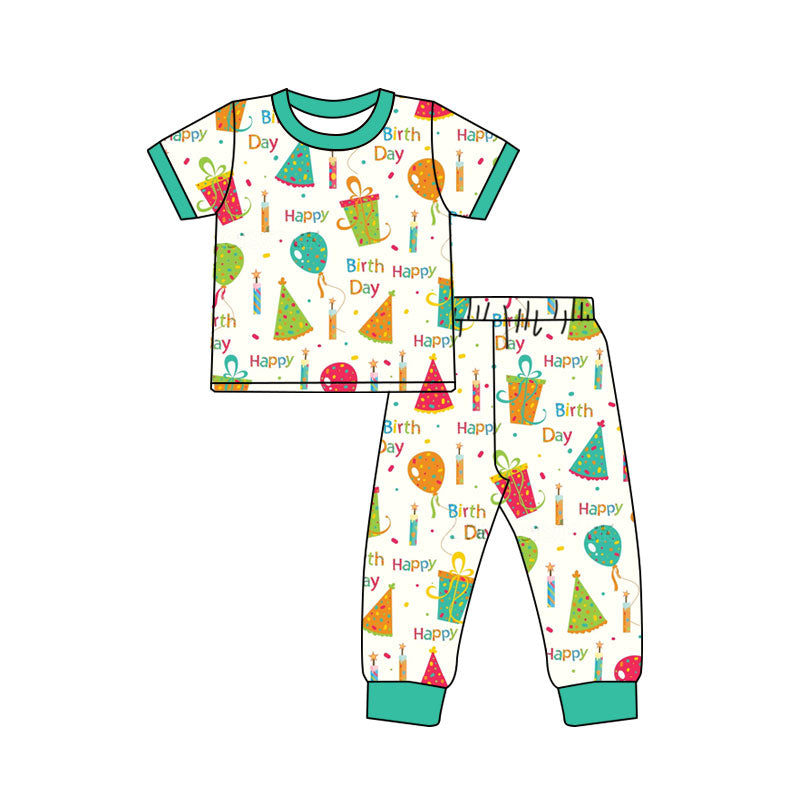 Preorder(moq 8)Baby Boys Happy Birthday Short Sleeve Pant Pajamas Sets