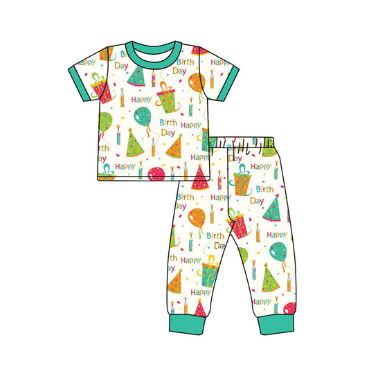 Preorder(moq 8)Baby Boys Happy Birthday Short Sleeve Pant Pajamas Sets