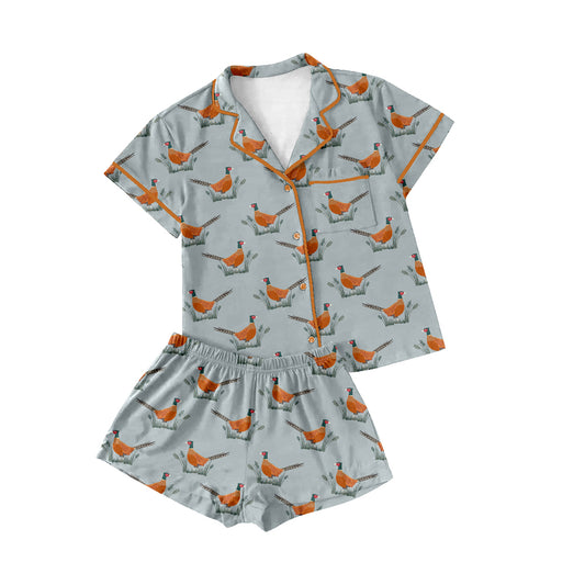 Preorder(moq 5)Adult Women Wild Chicken Lapel Button Tee Shirts Shorts Pajamas Sets