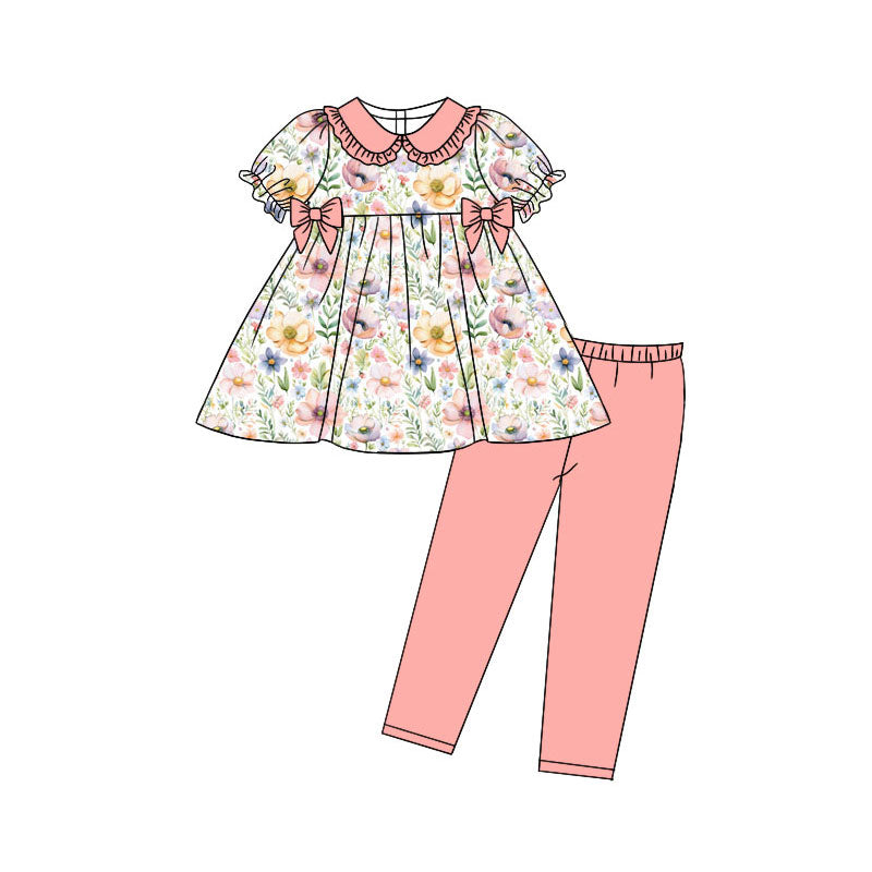 Preorder(moq 5) Baby Girls Short Sleeve Colorful Floral Bows Tunic Leggings Clothes Sets