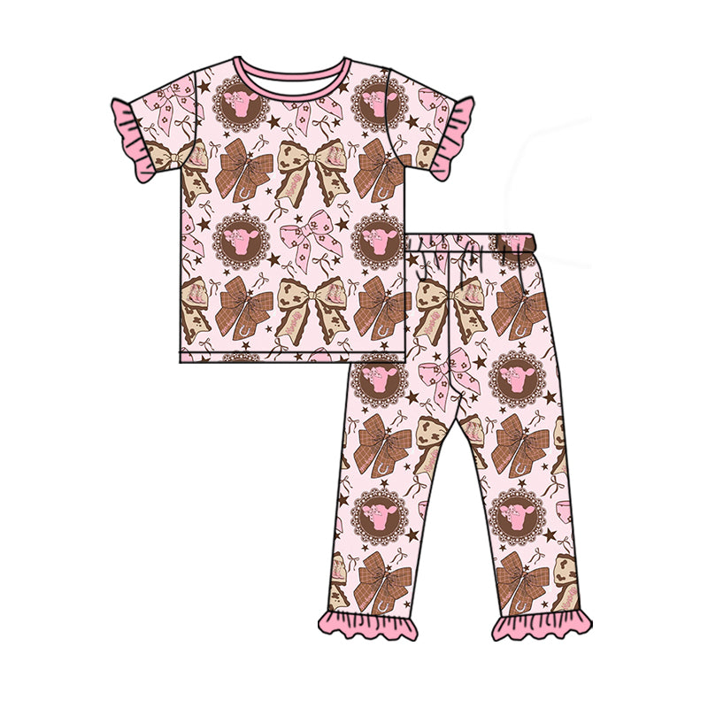 Preorder (moq 5)Baby Girls Pink Bows Highland Cows Top Ruffle Pants Western Pajamas Sets