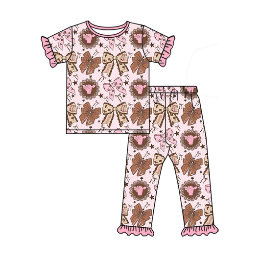 Preorder (moq 5)Baby Girls Pink Bows Highland Cows Top Ruffle Pants Western Pajamas Sets