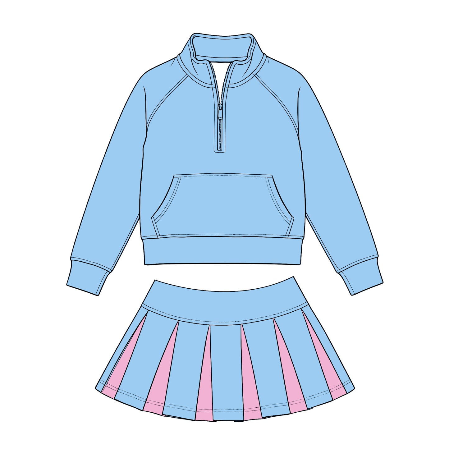 Preorder (moq 5) Baby Girls Light Blue Zip Pockets Pullovers Pink Pleated Skirt Short Clothes Sets