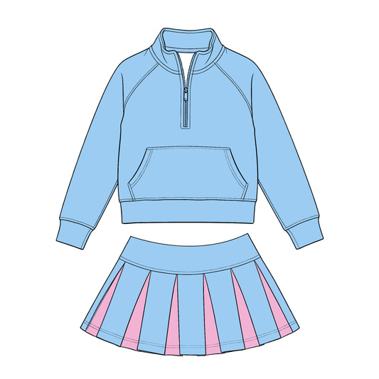 Preorder (moq 5) Baby Girls Light Blue Zip Pockets Pullovers Pink Pleated Skirt Short Clothes Sets